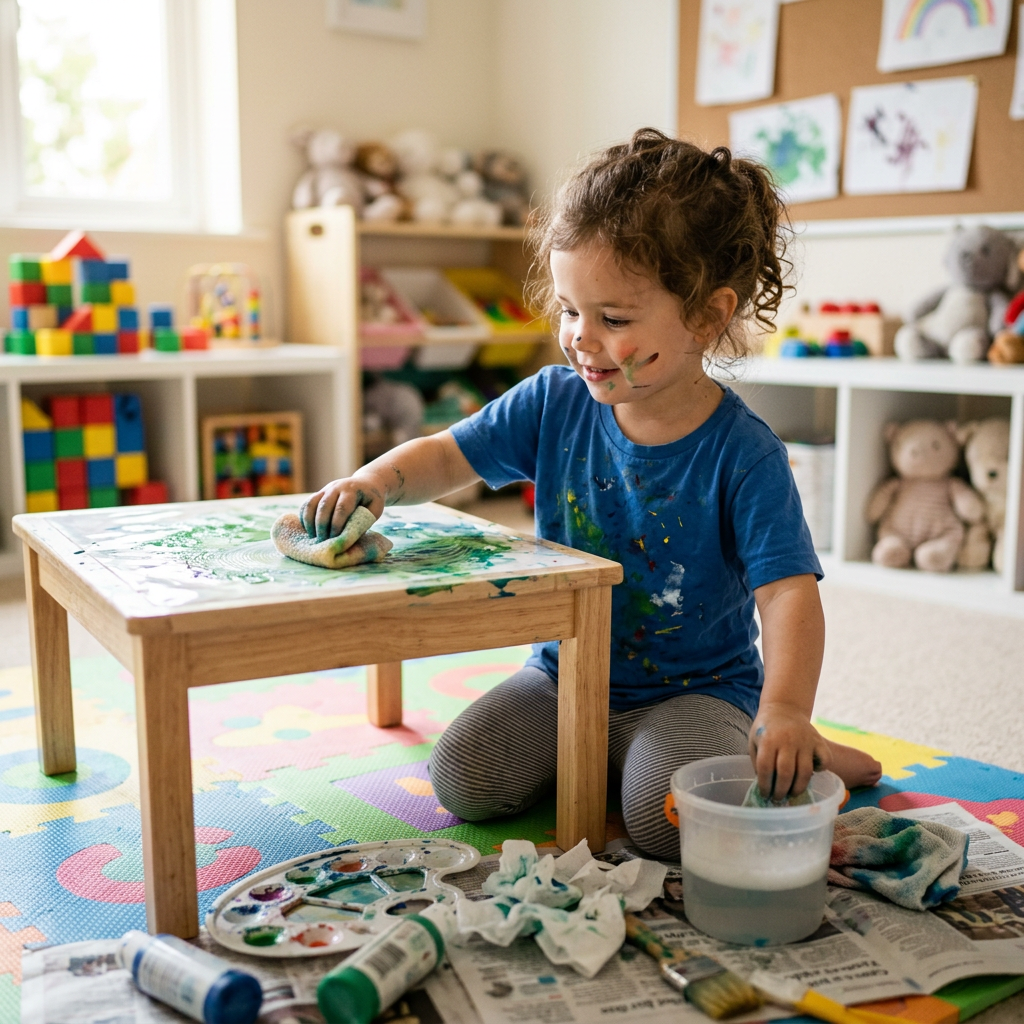 Young child painting with sponge and water on small wooden table