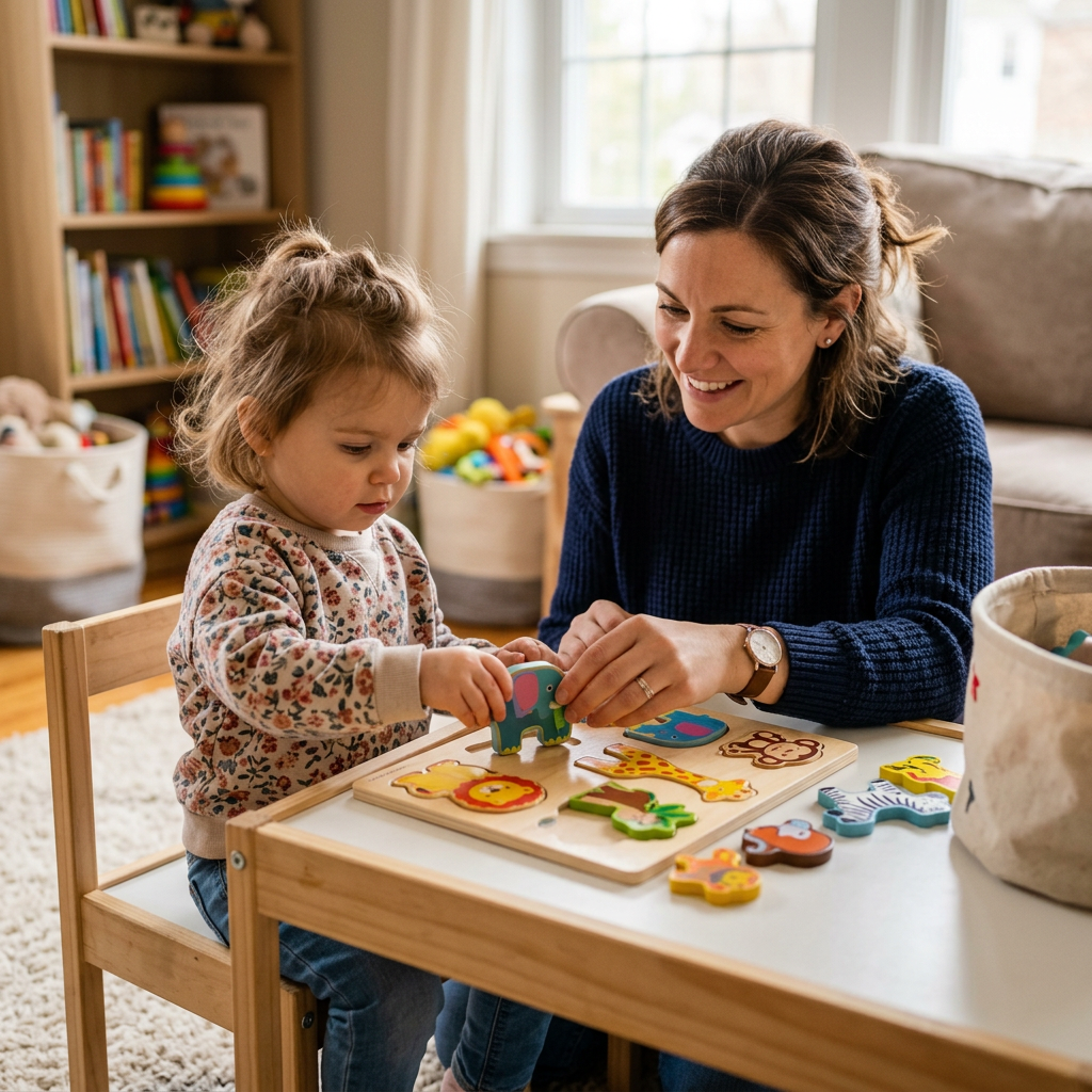 Mother and toddler playing with a wooden animal puzzle