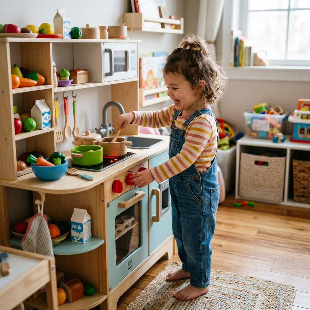 Toddler stirring pot on toy kitchen stove while turning a knob