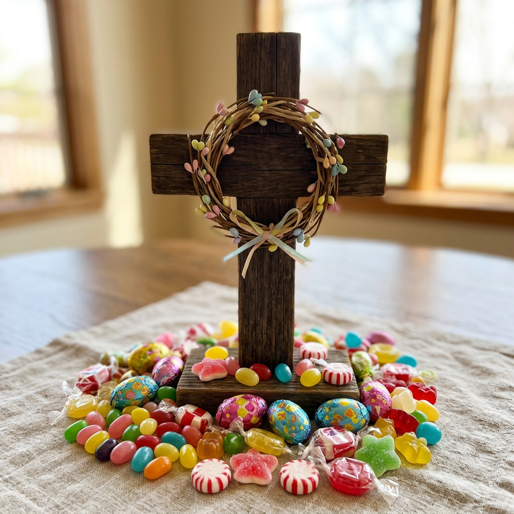 Wooden cross with pastel wreath and assorted Easter candies on table