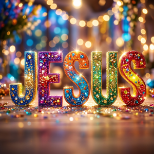 Colorful glittery letters spelling JESUS adorned with shiny gems and beads.