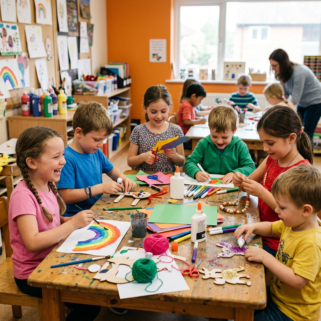 Young children engaged in painting, cutting paper, and crafting at a classroom table